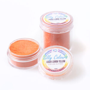 Three small jars of orange edible food coloring powder on a white surface; two jars closed and one open to reveal bright orange powder.