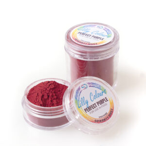 Two small jars of pink/purple pigment powder on a white background, one open to show bright fuchsia powder.